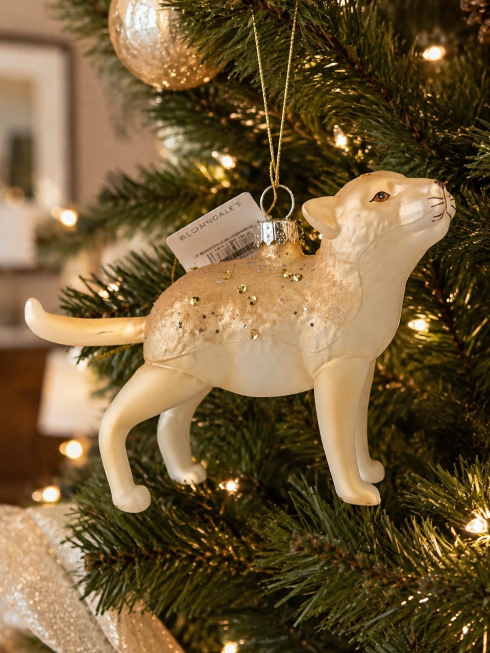 Bloomingdale’s Glass Cat Ornament Ivory Gold Sequin Christmas Decor NWT